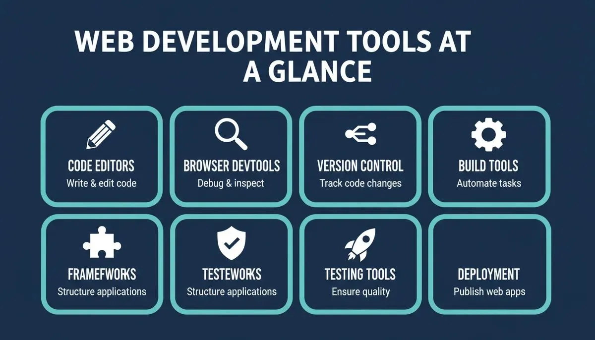 The seven core categories of web development tools every developer should know.