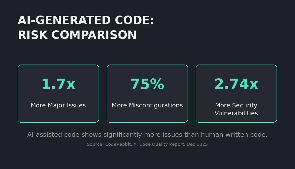 Data chart showing AI-generated code has 1.7x more major issues, 75% more misconfigurations, and 2.74x more security vulnerabilities than human-written code