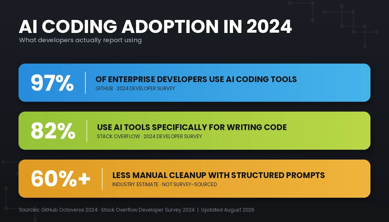 AI Coding Adoption in 2024 data chart showing 97% enterprise developer usage and 82% AI code writing adoption