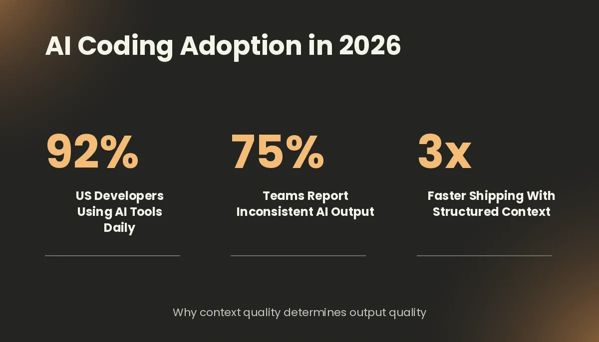 AI Coding Adoption in 2026 — a data-driven bar chart on a charcoal background showing 92% US developer daily AI usage, 75% reporting inconsistent output quality, and 3x faster shipping with structured context