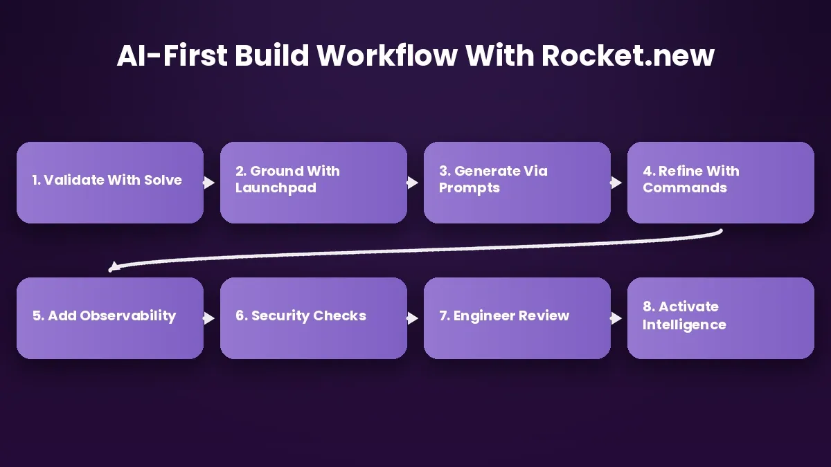 Eight-step AI-first build workflow with showing steps from Validate With Solve through Activate Intelligence in two rows of four