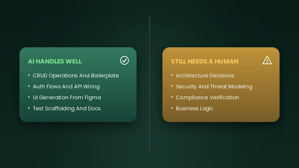 Two-column comparison: left panel lists what AI handles well, right panel lists what still needs a human developer