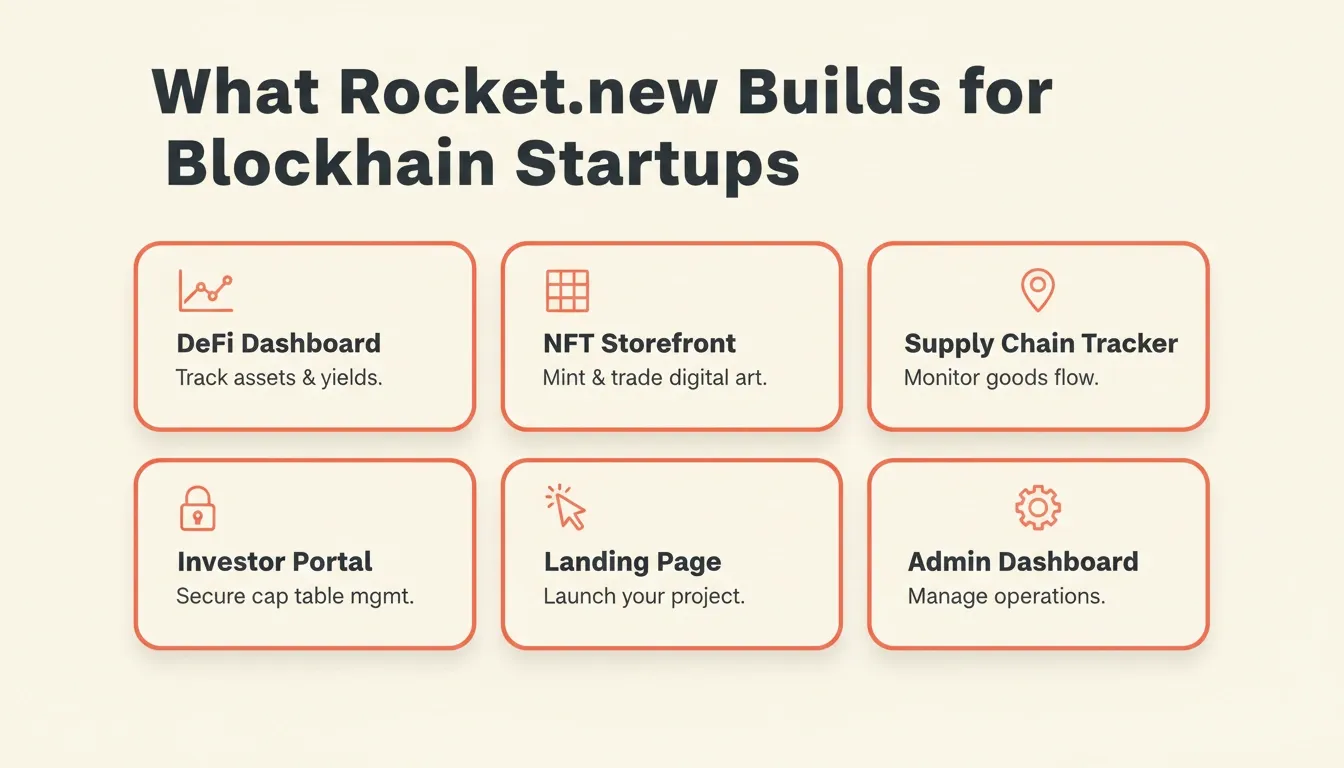 What Rocket.new Builds for Blockchain Startups: DeFi Dashboard, NFT Storefront, Supply Chain Tracker, Investor Portal, Landing Page, Admin Dashboard