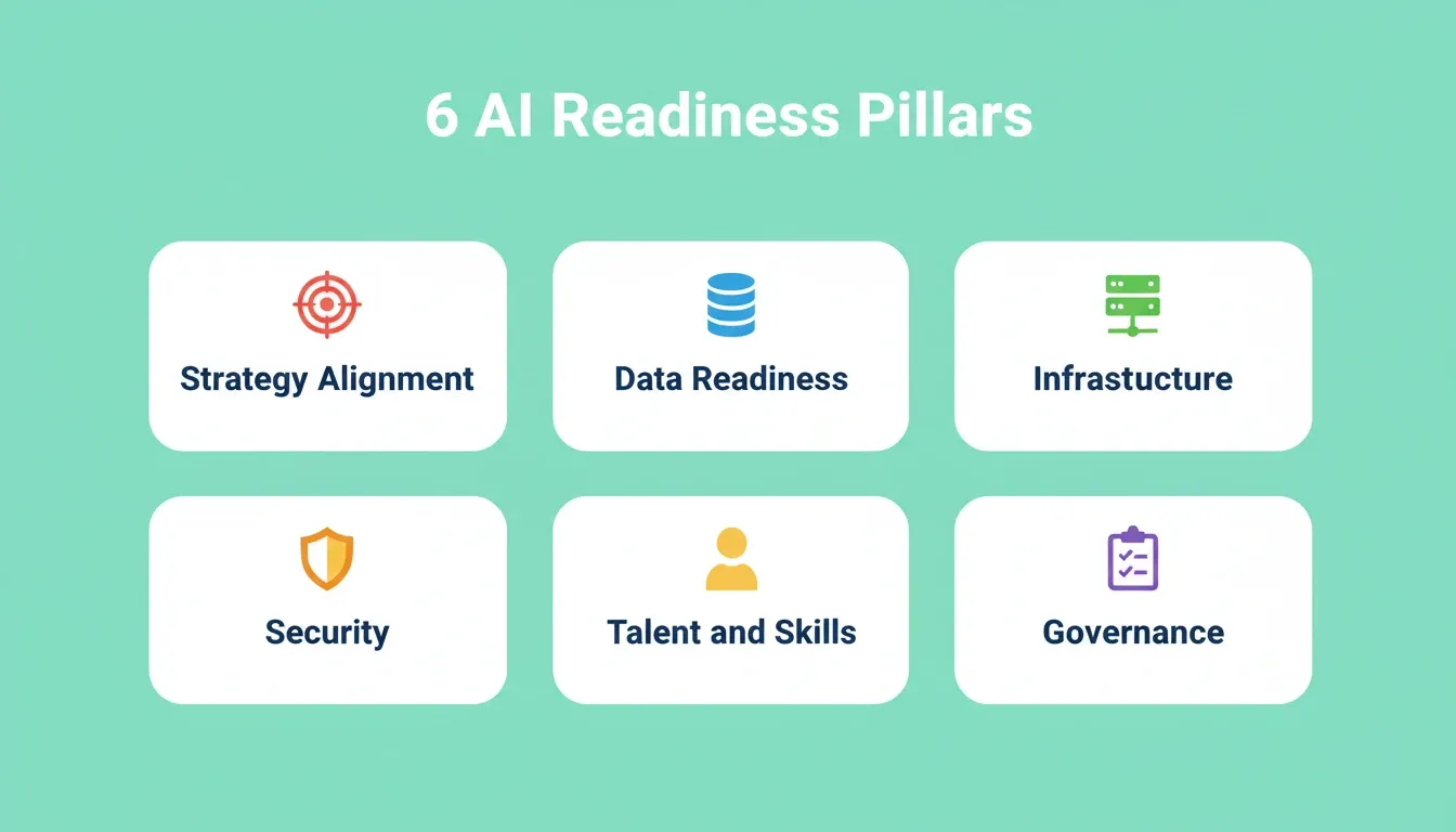 6 AI Readiness Pillars: Strategy Alignment, Data Readiness, Infrastructure, Security, Talent and Skills, Governance