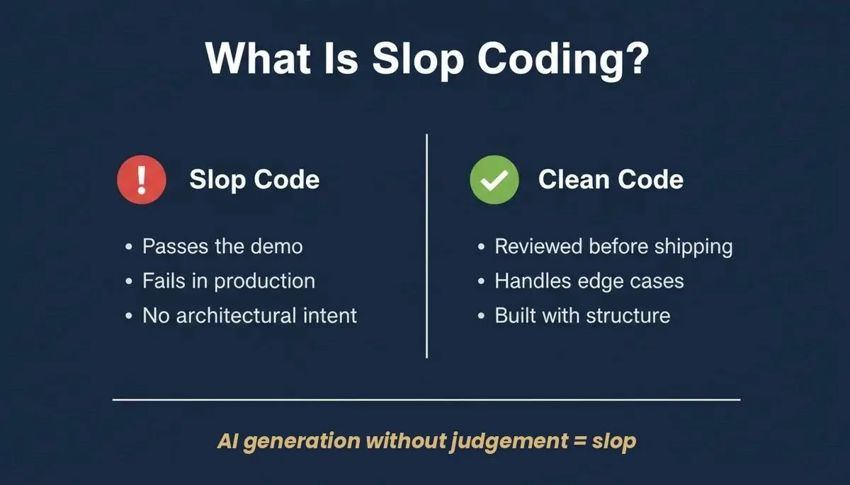 What Is Slop Coding — two-column comparison: Slop Code vs Clean Code showing key differences