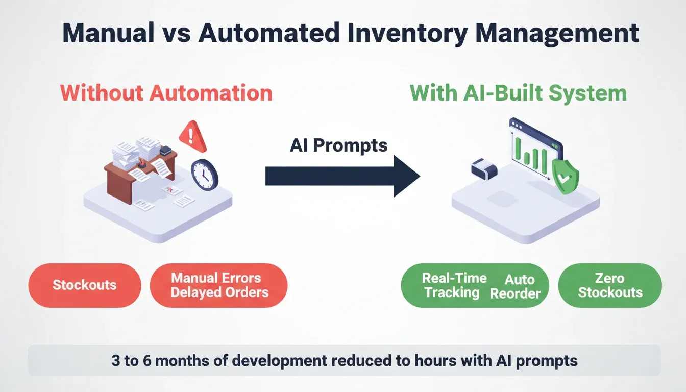 Manual vs Automated Inventory Management showing spreadsheet chaos on the left and a real-time AI dashboard on the right