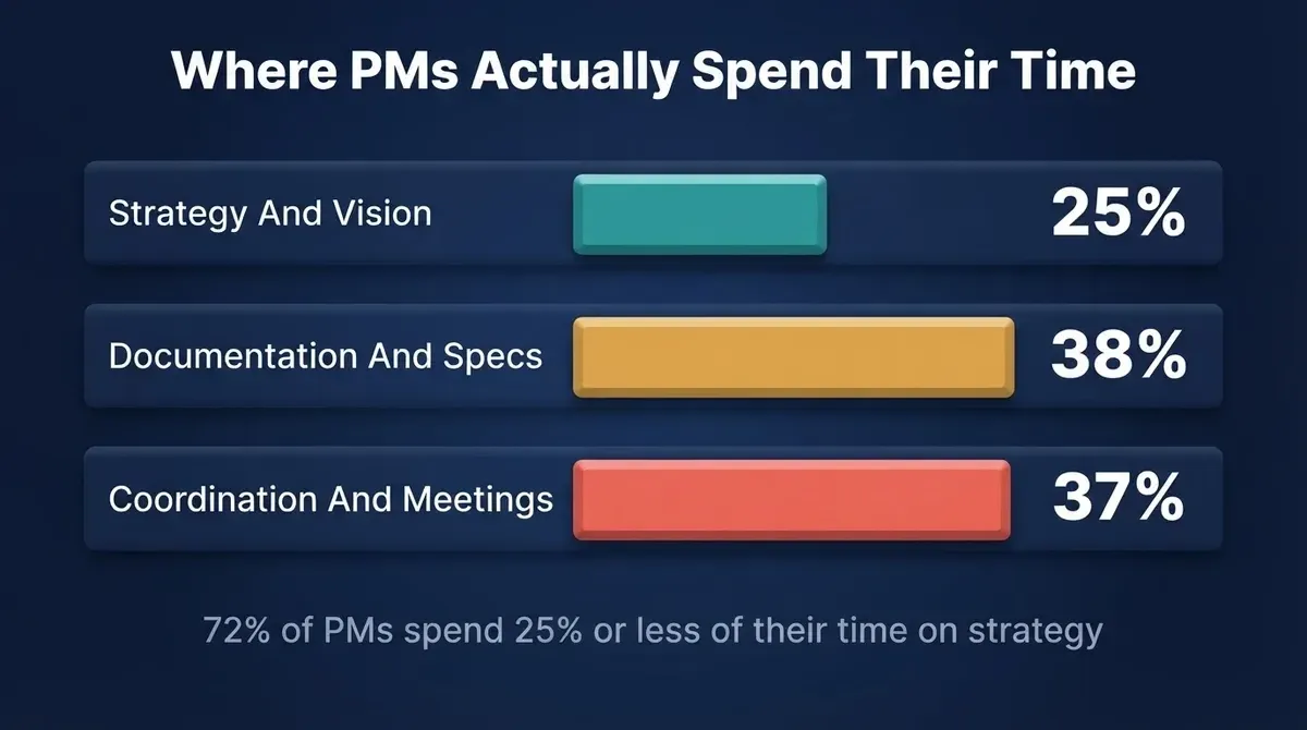 Bar chart on navy background showing PM time split: Strategy And Vision 25%, Documentation And Specs 38%, Coordination And Meetings 37%, with 3D raised bars in teal, amber, and coral