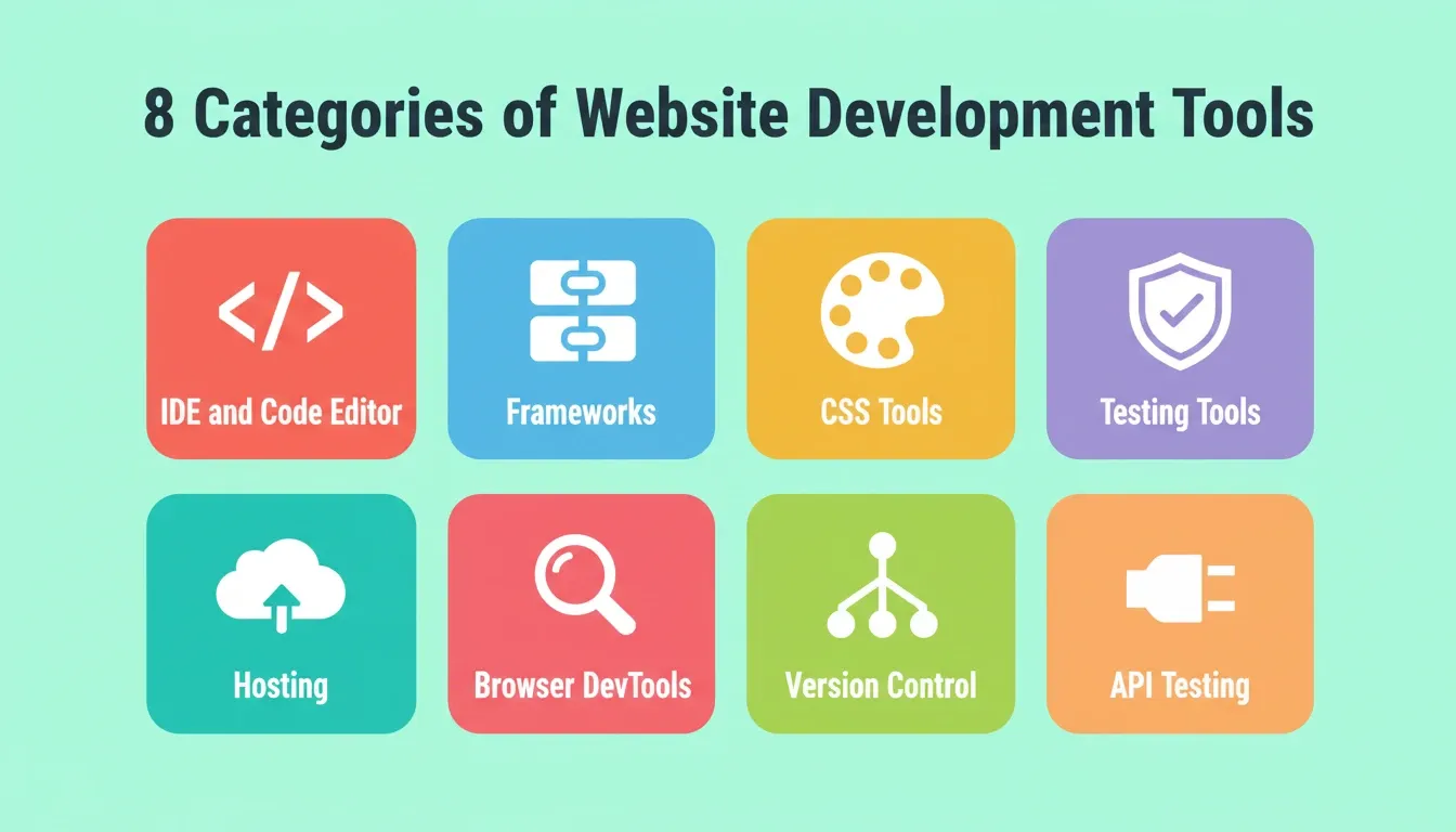 Eight categories of website development tools shown as colourful cards on a mint green background