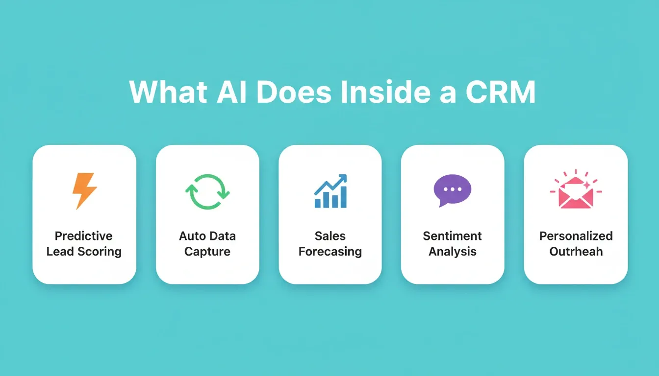What AI Does Inside a CRM — five core capabilities: predictive lead scoring, auto data capture, sales forecasting, sentiment analysis, and personalized outreach