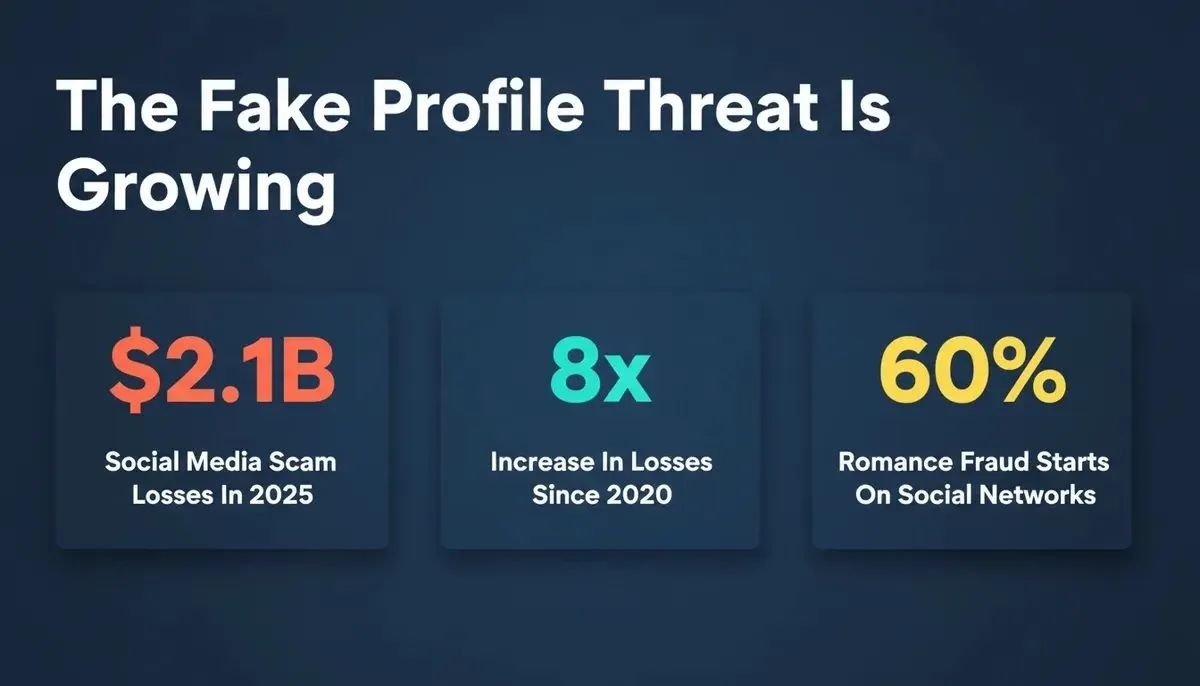 Fake profile threat statistics showing $2.1B social media scam losses in 2025, 8x increase since 2020, and 60% of romance fraud starting on social networks