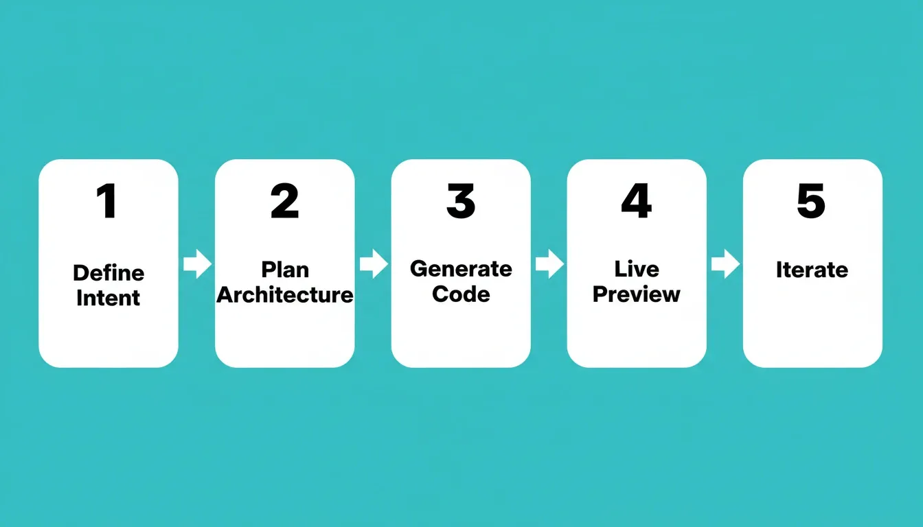 The five-step prompt-to-app workflow: Define Intent, Plan Architecture, Generate Code, Live Preview, Iterate