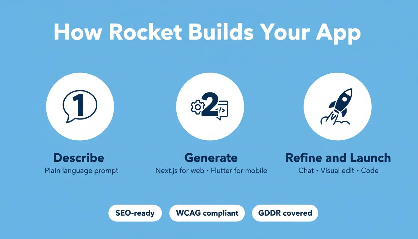 How Rocket Builds Your App: 3 steps — Describe, Generate, Refine and Launch