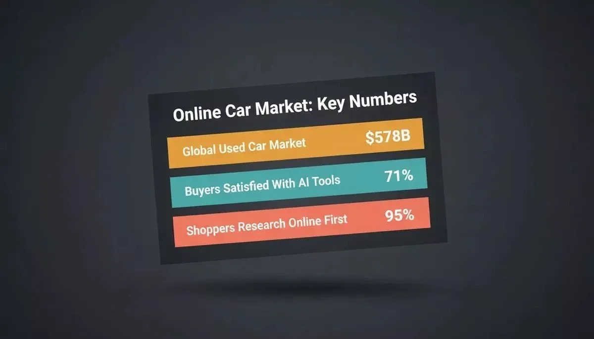 Bar chart showing $578B global used car market, 71% buyer satisfaction with AI tools, and 95% shoppers research online first