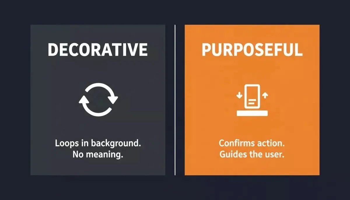 Decorative vs Purposeful Animation: split panel showing decorative spinning logo on dark navy left and purposeful card-expand icon on orange right