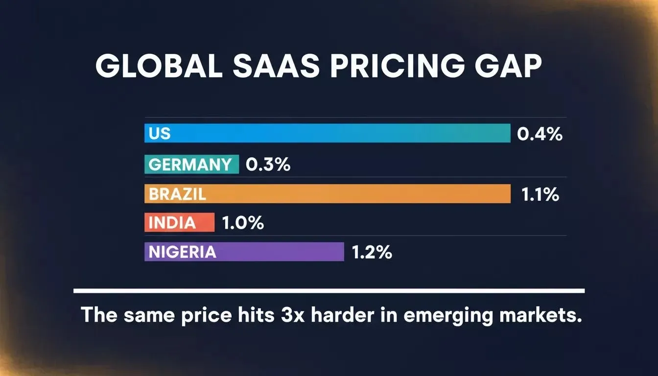 Global SaaS Pricing Gap — data-driven bar chart showing how $29 hits differently across markets