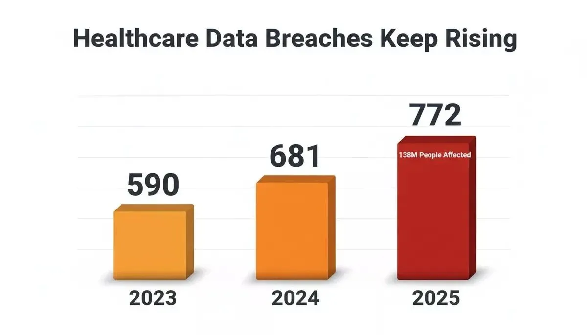 Bar chart showing healthcare data breaches rising from 590 in 2023 to 681 in 2024 to 772 breaches affecting 138 million people in 2025