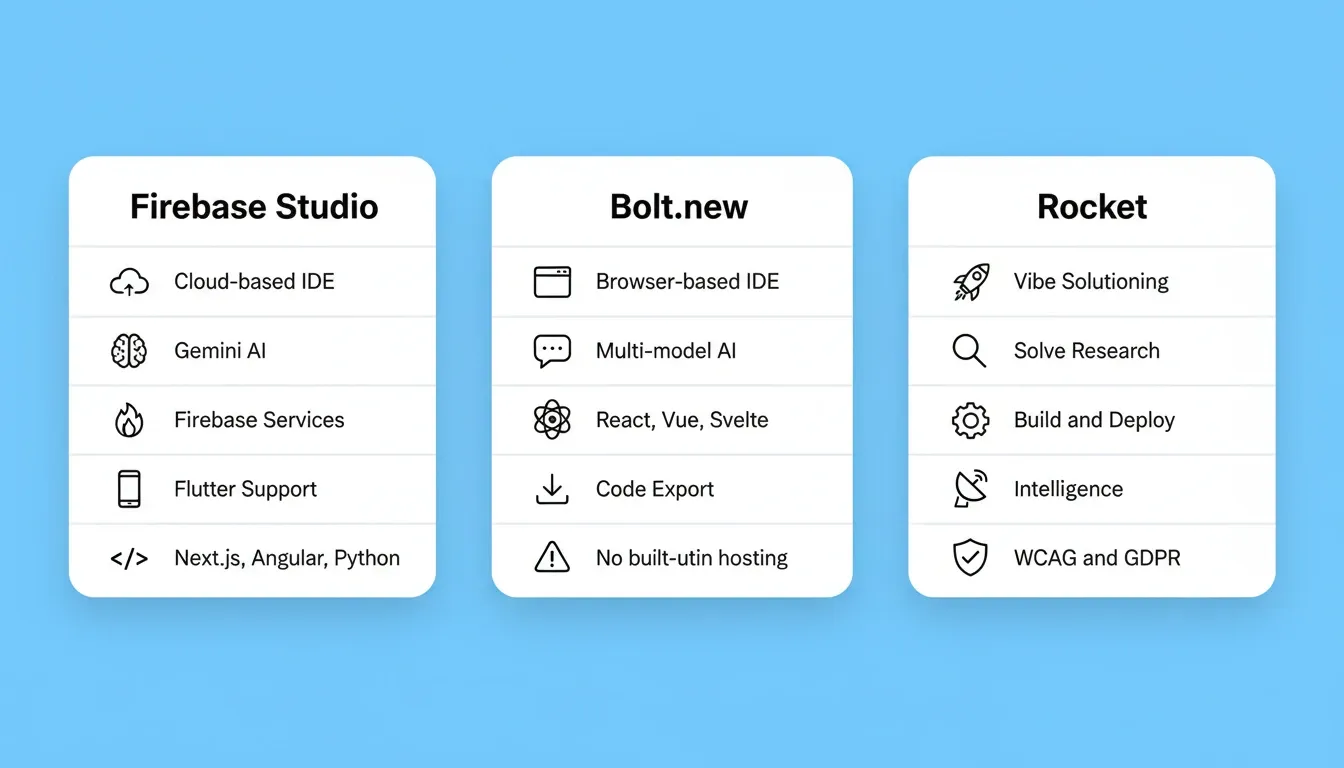 Firebase Studio, Bolt.new, and Rocket