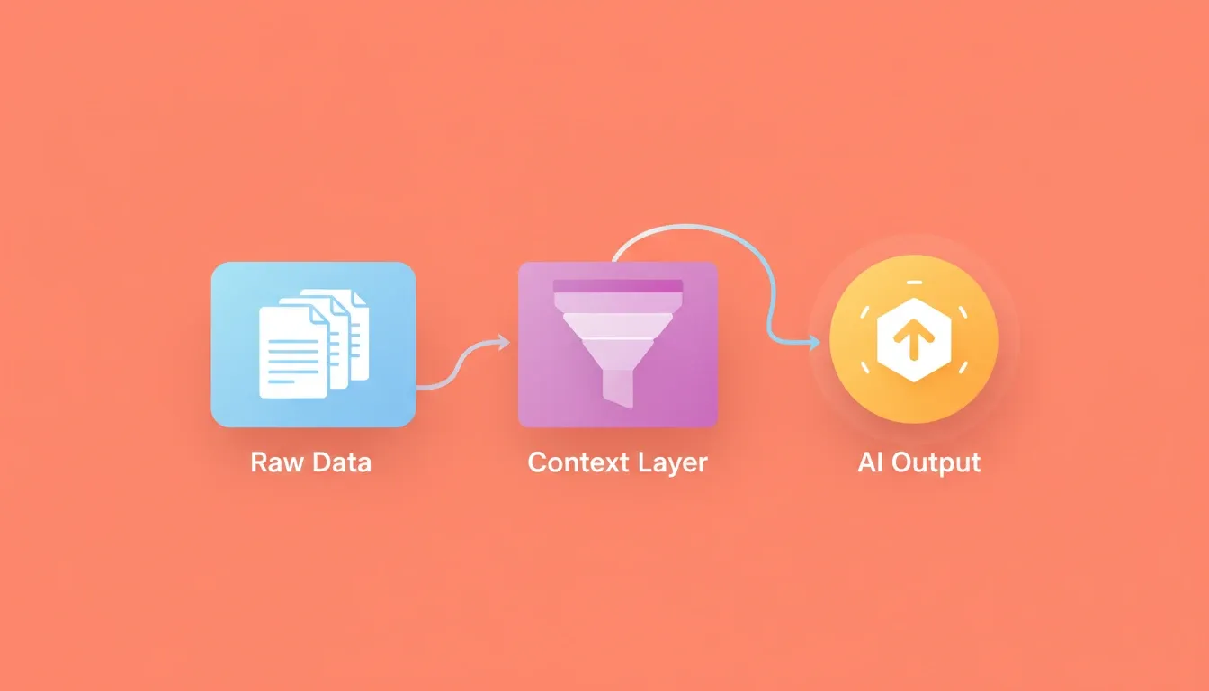Context as a structured data product flowing through an enterprise AI pipeline — raw data enters a context layer and emerges as governed AI output