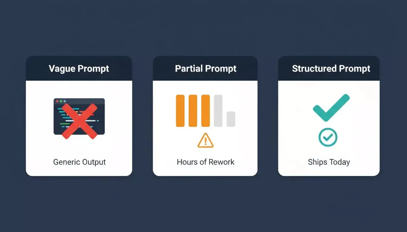 Three-panel illustration comparing vague, partial, and structured prompts with output quality