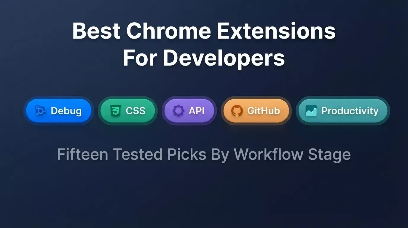 Best Chrome Extensions For Developers, five workflow stage pills with 3D depth: Debug, CSS, API, GitHub, Productivity