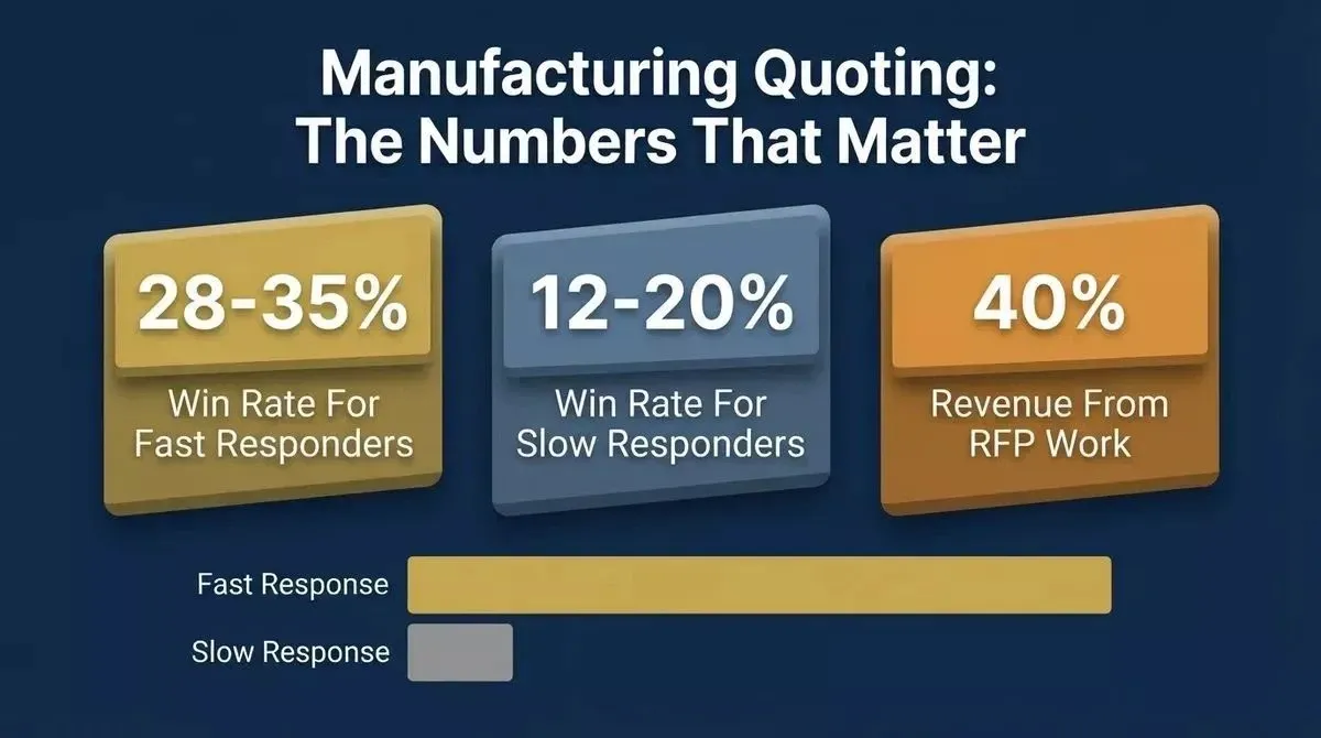 Infographic showing manufacturing quoting statistics: 28-35% win rate for fast responders vs 12-20% for slow responders, and 40% revenue from RFP-driven work