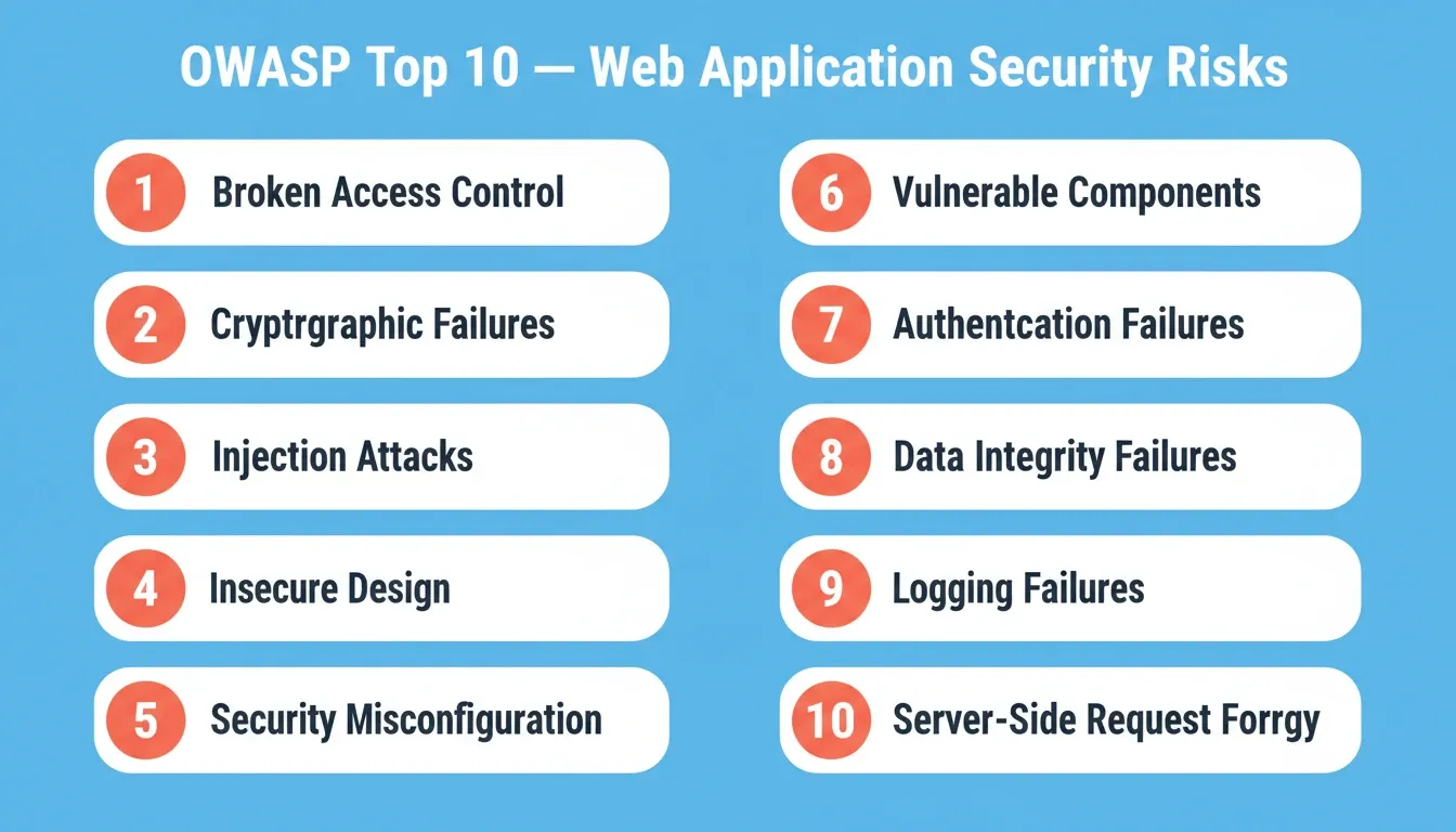 OWASP Top 10 web application security risks — all 10 categories numbered 1 to 10 with consistent coral-orange number circles