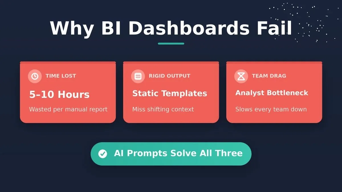 Why Bi Dashboards Fail: showing 5-10 hours wasted, static templates miss context, analyst bottleneck slows teams