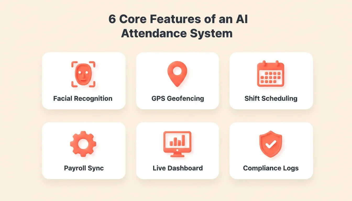 6 Core Features of an AI Attendance System — 3D isometric illustration showing facial recognition, GPS geofencing, shift scheduling, payroll sync, live dashboard, and compliance logs