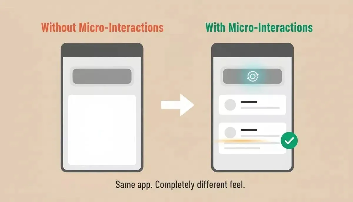 Before and after split-screen showing AI apps with and without micro-interactions