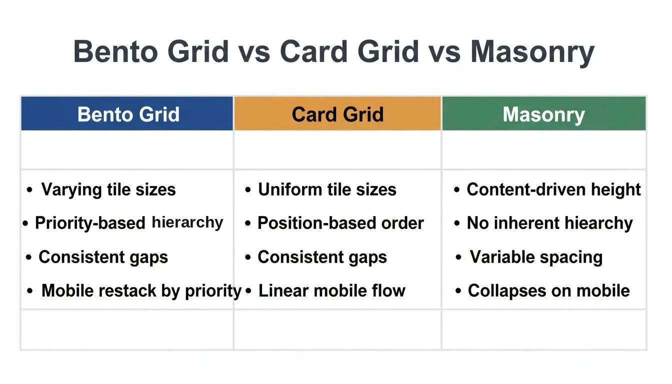 Bento Grid vs Card Grid vs Masonry layout pattern comparison