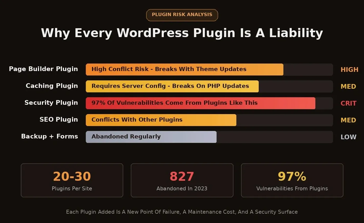 WordPress plugin risk analysis: risk meter bars showing Page Builder as HIGH, Security Plugin as CRITICAL, with stats showing 20-30 plugins per site, 827 abandoned in 2023, and 97% of vulnerabilities from plugins