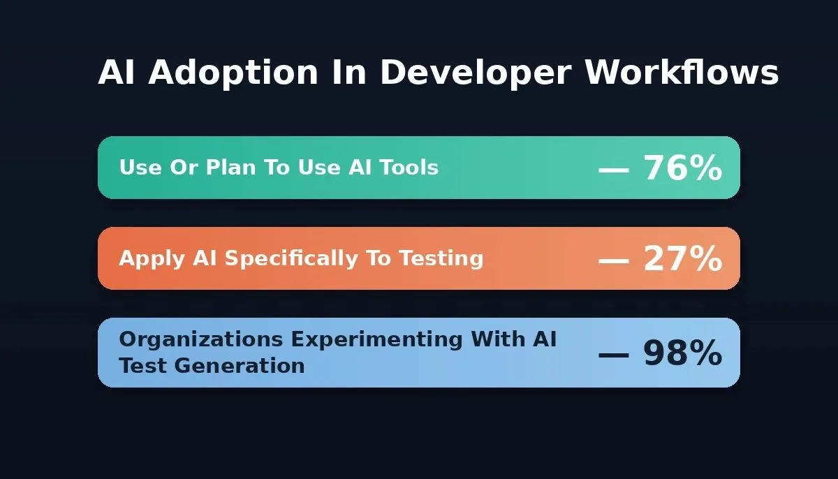 Bar chart showing AI developer tool adoption: 76% use or plan to use AI tools, only 27% apply AI to testing, 98% of organizations have experimented with AI test generation