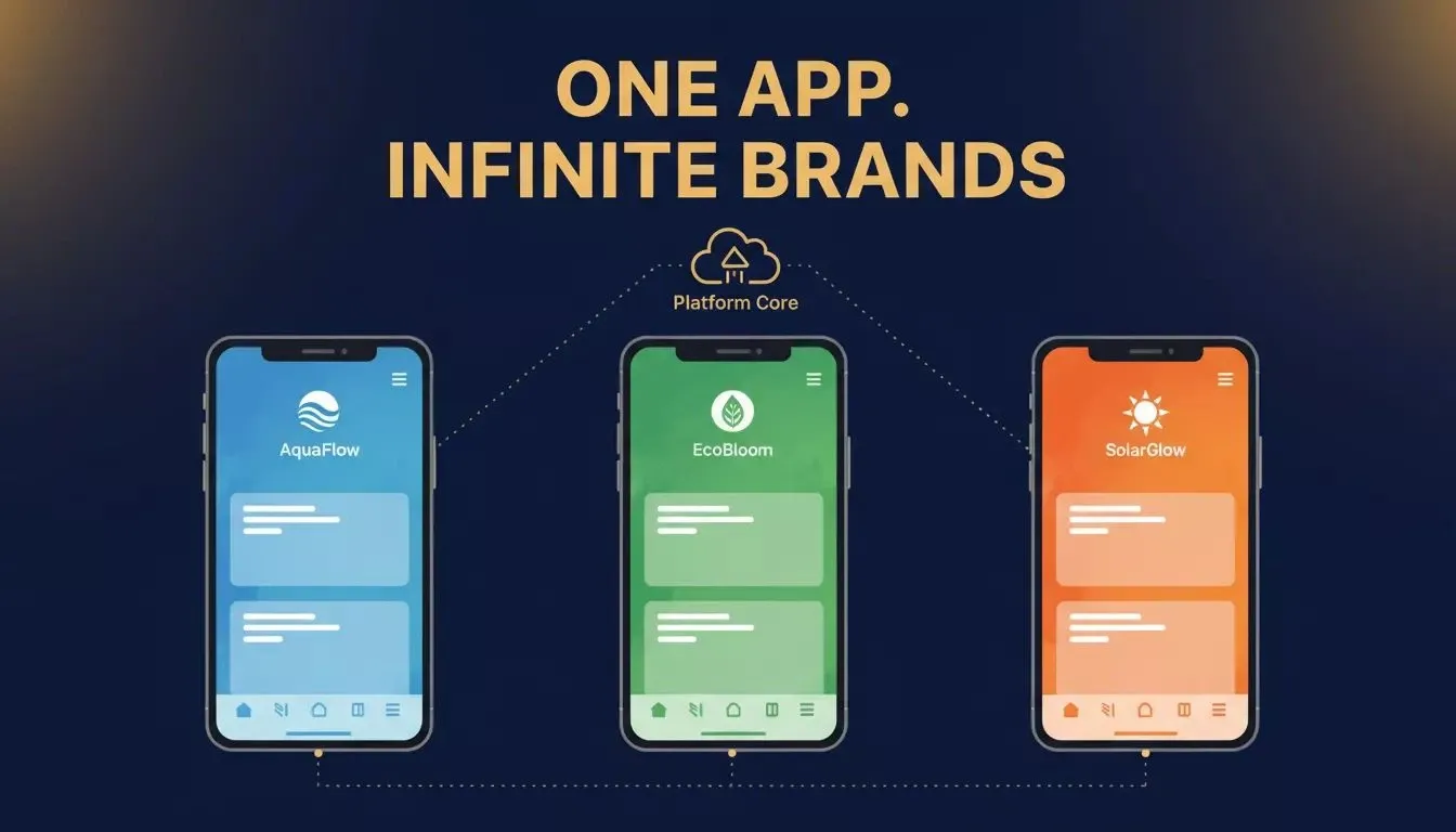 One App. Infinite Brands — three differently branded app screens built from the same Rocket.new template