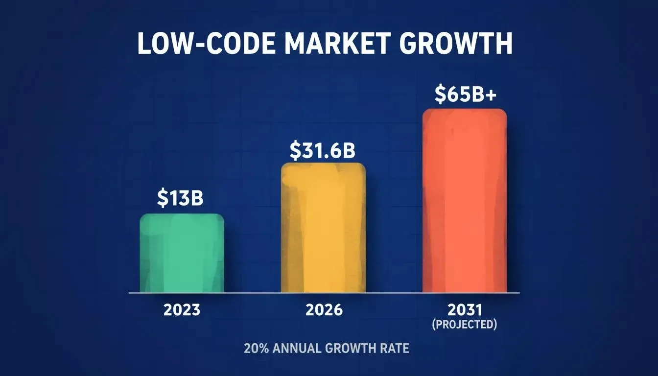Low-code market growth data: $13B in 2023, $31.6B in 2026, $65B+ projected for 2031 at 20% annual growth rate