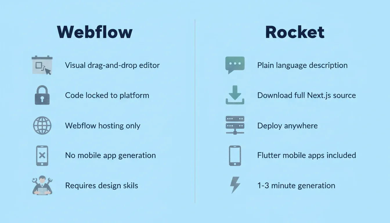 Webflow vs Rocket platform comparison showing key differences in input method, code output, framework, and capabilities