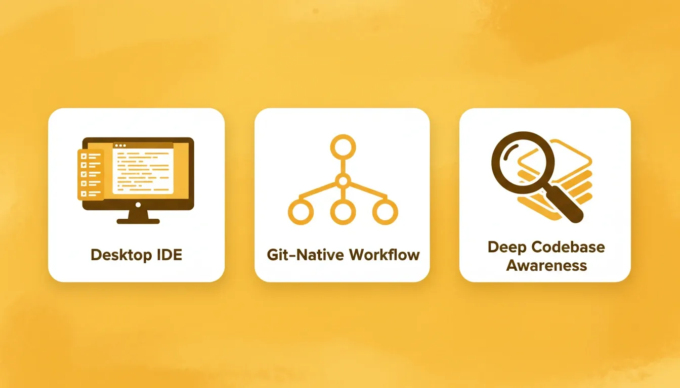 Cursor key features: Desktop IDE, Git-Native Workflow, and Deep Codebase Awareness illustrated as three concept blocks on an amber background