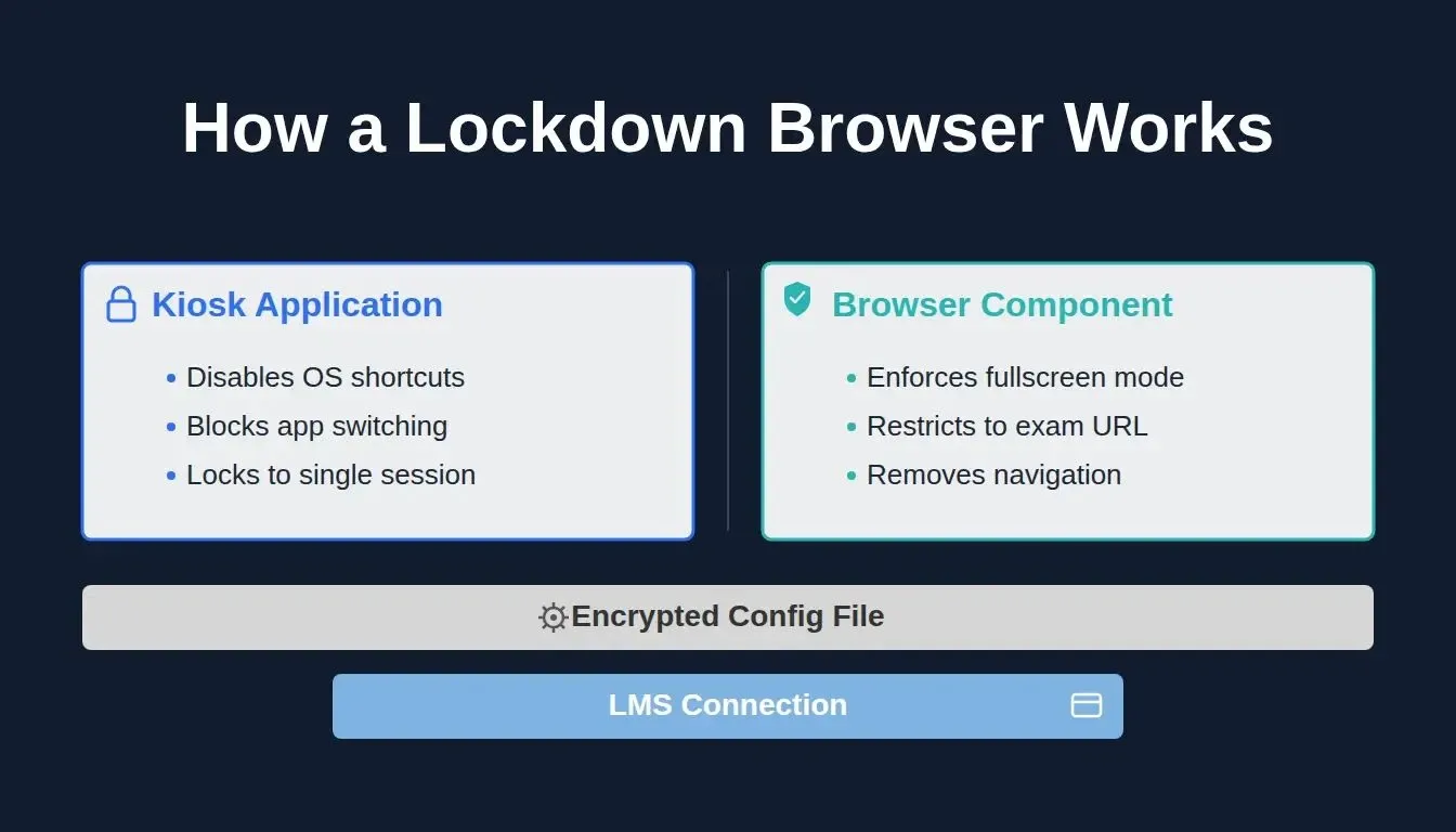 How a Lockdown Browser Works — architecture diagram showing kiosk application and browser layers