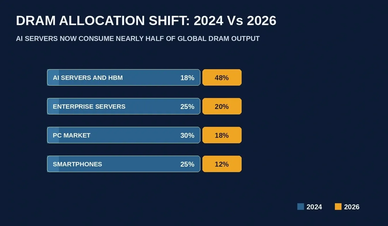 DRAM allocation shift bar chart showing AI servers growing from 18% to 48% of global output between 2024 and 2026