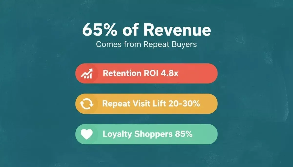 Loyalty program ROI and retention statistics showing 65% revenue from repeat buyers, 4.8x ROI, and 85% shopper preference for loyalty brands