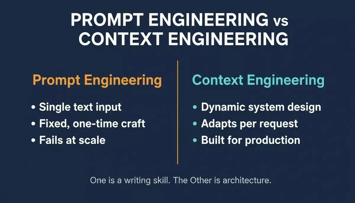Prompt Engineering vs Context Engineering — side-by-side comparison of scope, skill type, and failure modes