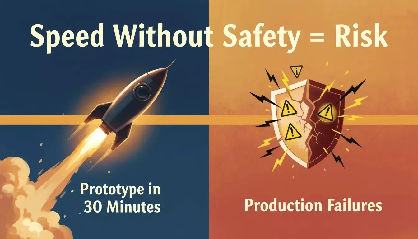 Speed Without Safety Equals Risk — vibe coding tradeoff between prototype speed and production stability