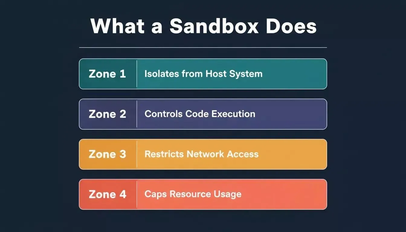 What a Sandbox Does — four layered zones showing isolation, code execution control, network restrictions, and resource limits