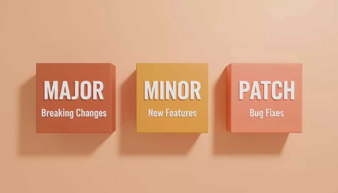 MAJOR.MINOR.PATCH semantic versioning blocks showing three 3D tiles for Breaking Changes, New Features, and Bug Fixes
