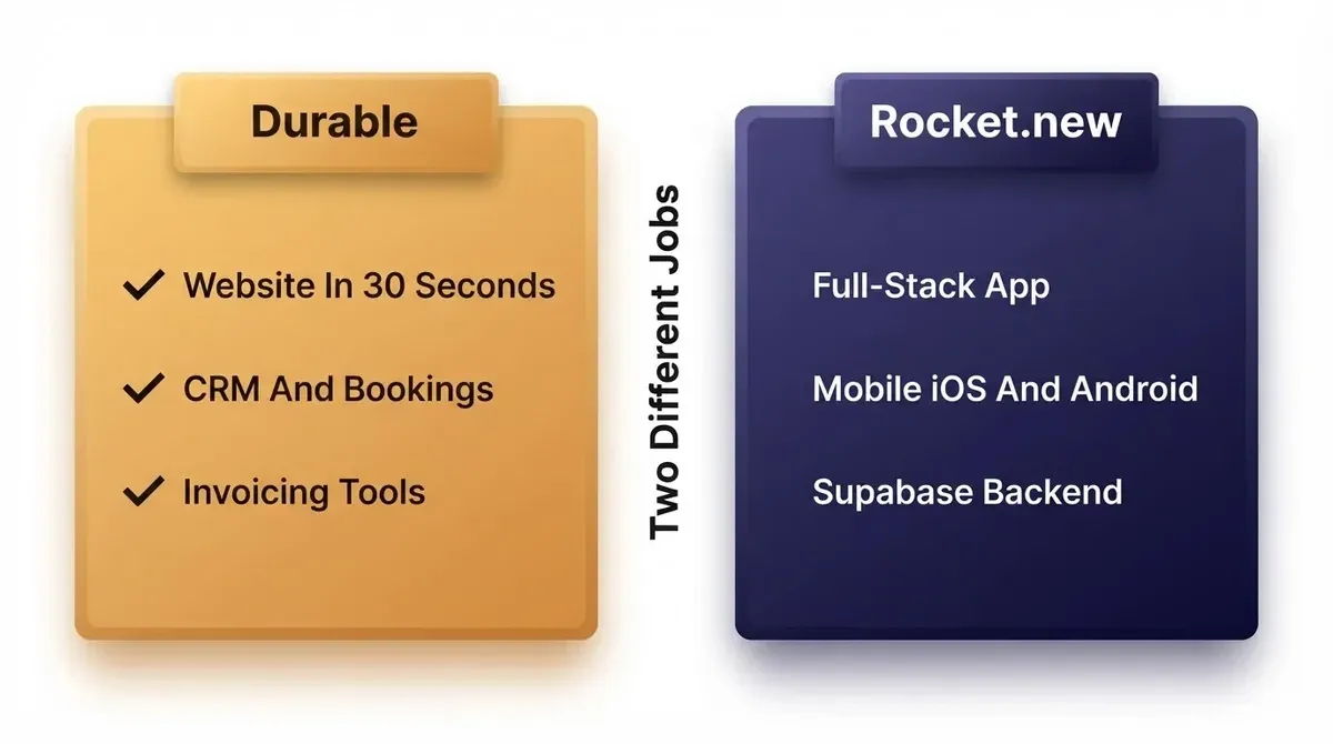 Durable vs Rocket.new: two AI builder categories compared. Durable for business websites with CRM and bookings. Rocket.new for full-stack apps with mobile and backend.