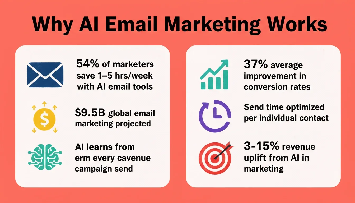 Why AI Email Marketing Works — stats showing 54% of marketers save hours weekly, 37% conversion improvement, and \$9.5B market size
