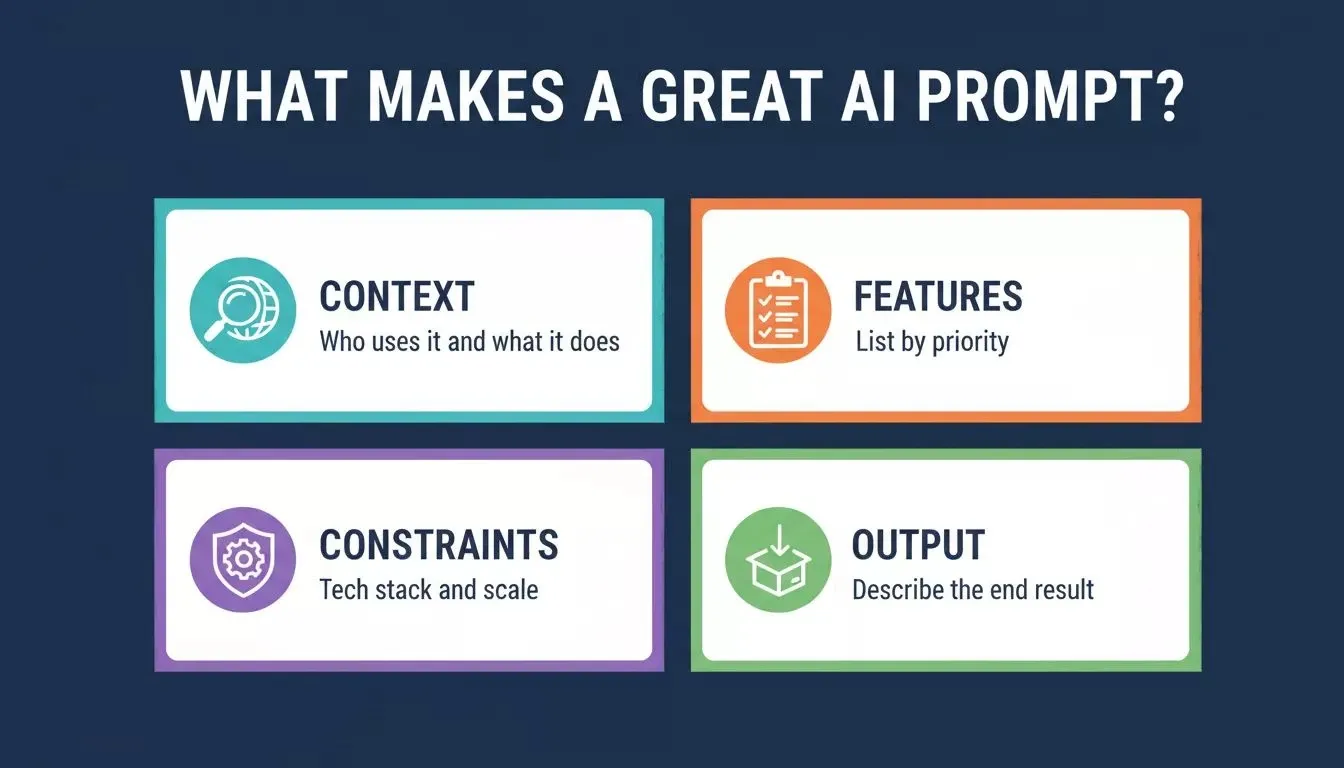 What Makes a Great AI Prompt — four key elements: Context, Features, Constraints, Output