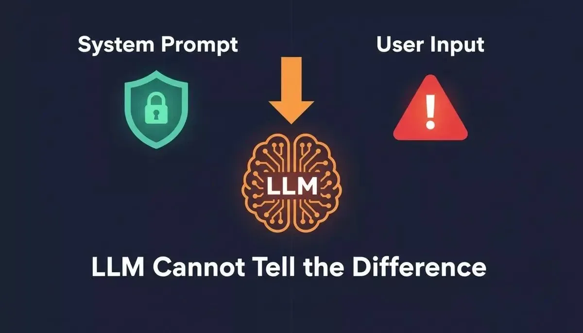 How prompt injection exploits the LLM's inability to separate trusted system instructions from untrusted user input