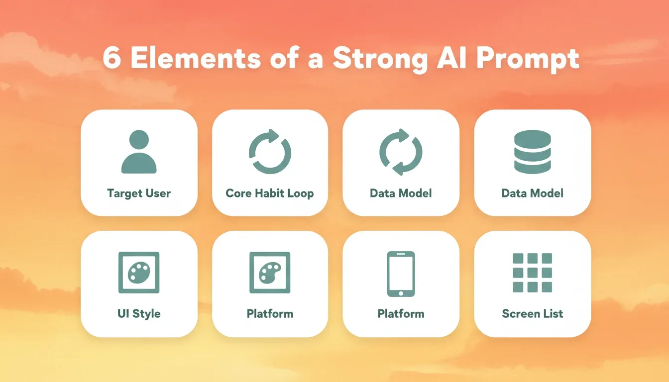 6 Elements of a Strong AI Prompt — a coral-orange infographic showing the six building blocks of an effective habit tracker prompt