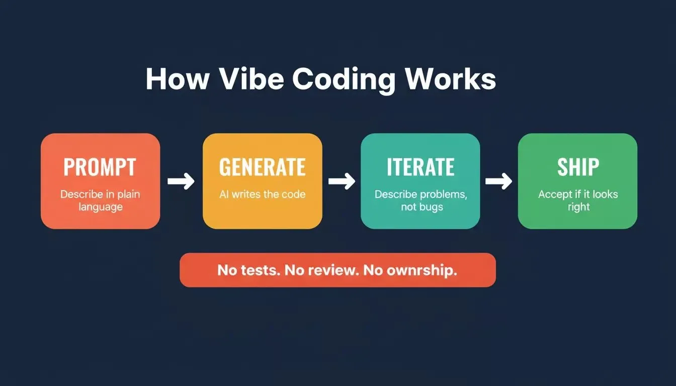 How Vibe Coding Works — 4-step workflow: Prompt, Generate, Iterate, Ship