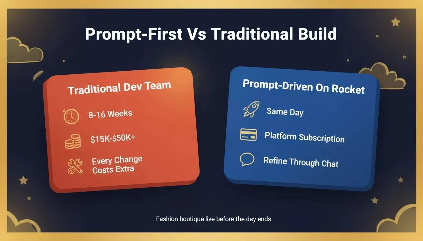 Prompt-First vs Traditional Build: same-day launch on Rocket versus 8-16 week traditional dev cycle, comparing timeline, cost and flexibility